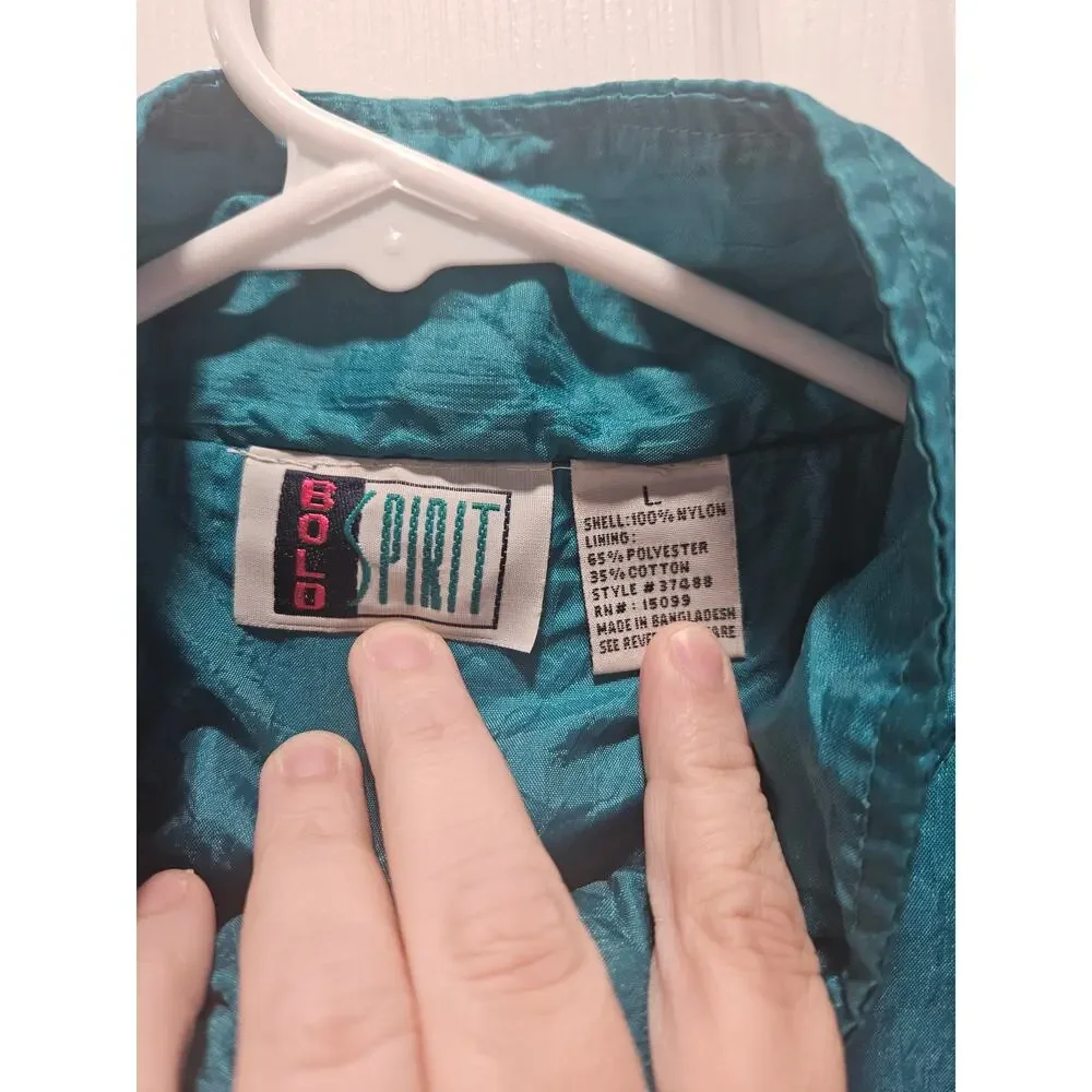 Vintage 80s 90s Teal Windbreaker Jacket Bold Spirit Embroidered Women’s Large L